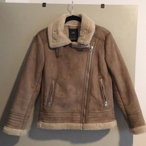 Zara Shearling Suede Moto Jacket, Medium